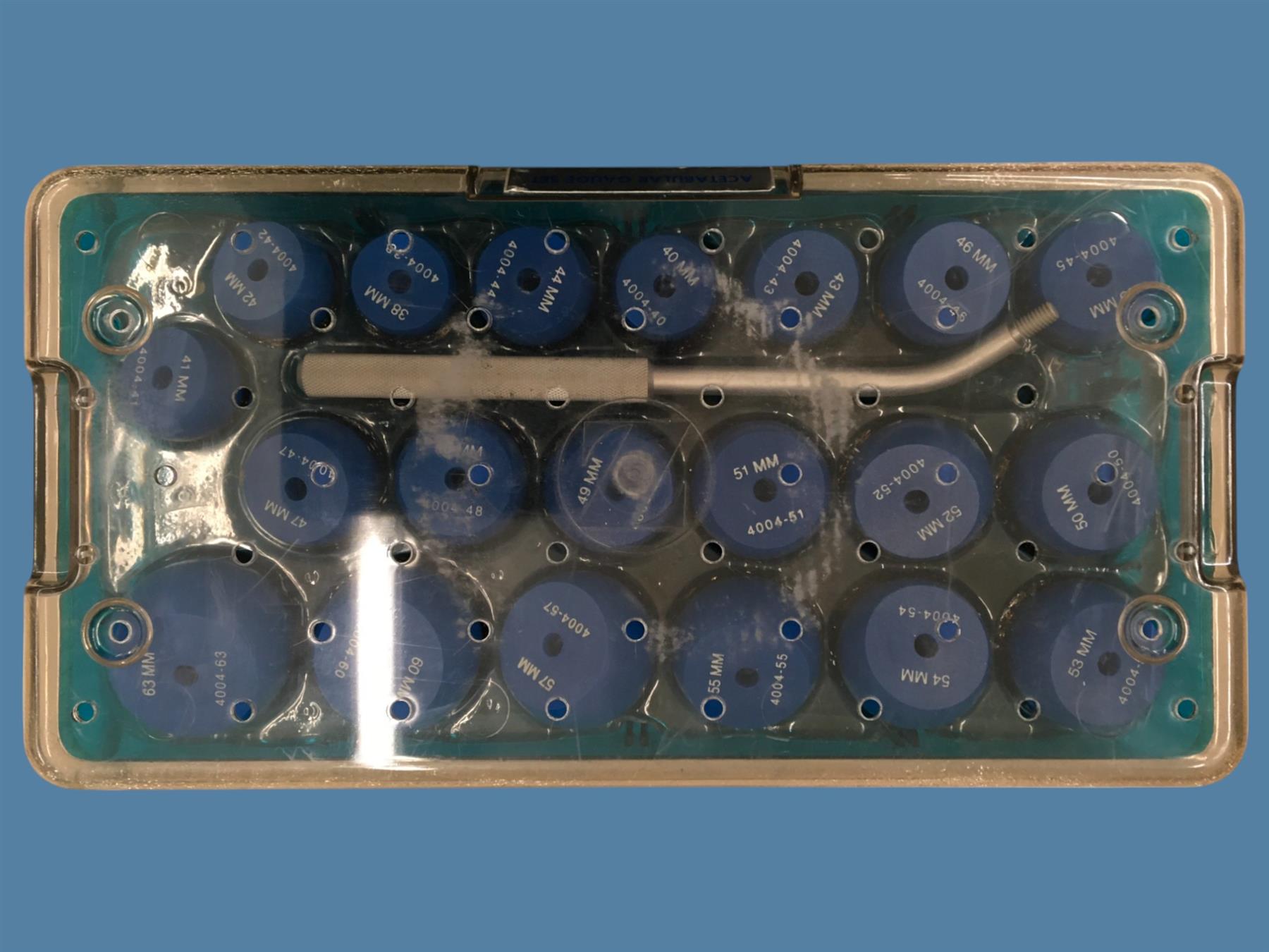 Zimmer Acetabular Gauge Set, 38-63mm w/ Handle & Case