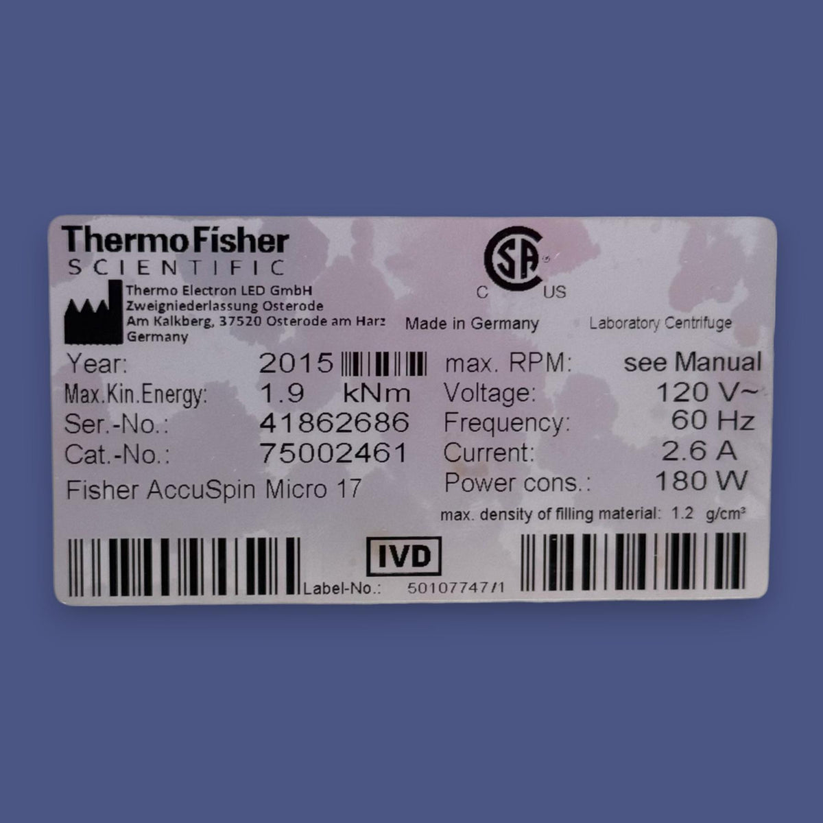 ThermoFisher Scientific AccuSpin Micro 17 Centrifuge 75002461