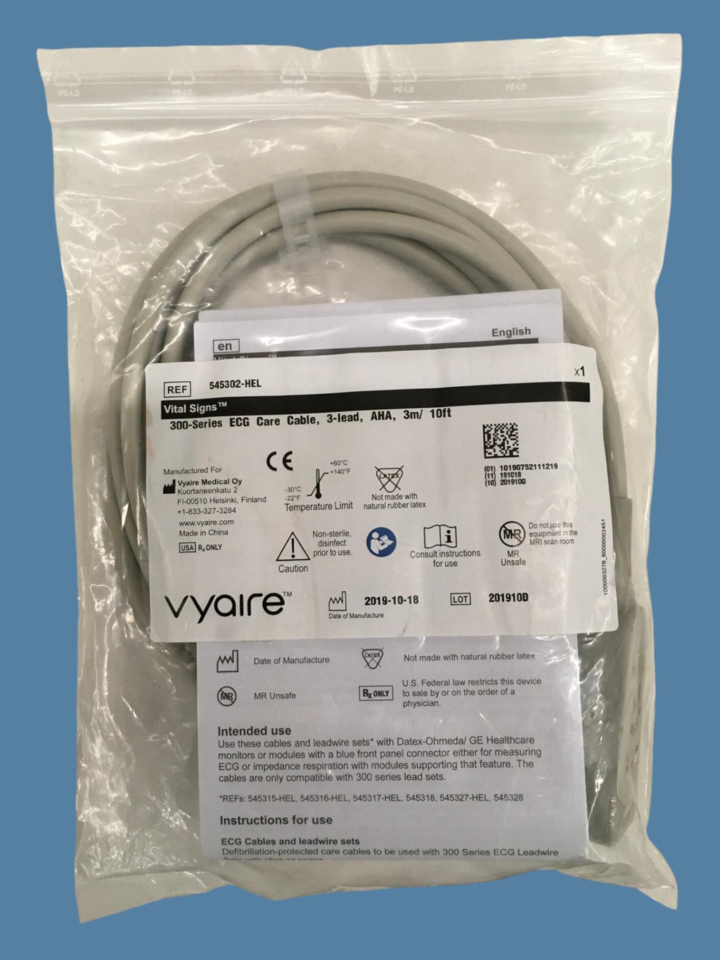 (New) GE Vyaire 545302-HEL 300-Series ECG Care Cable, 3-Lead, AHA, 3m/10ft