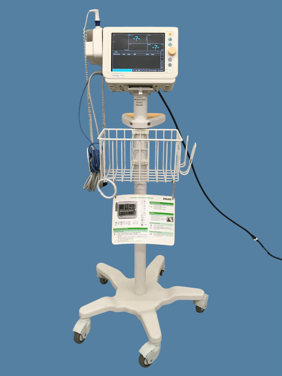 Philips SureSigns VS3 Vital Signs Monitor w/ Cart, Pulse/SpO2 Sensor, NIBP Hose