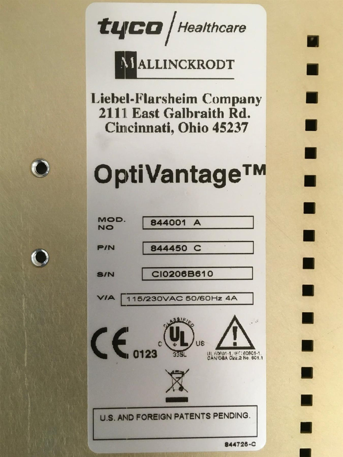 Tyco Mallinckrodt OptiVantage CT Injector Console 844001 A / 844450 C