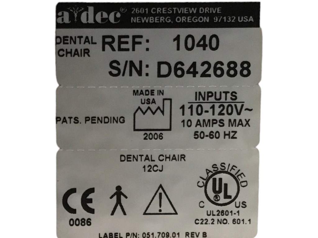 Adec 1040 dental chair w/ Adec Cascade 2671 Duo Cart Delivery System