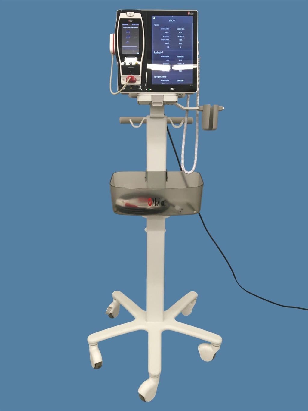 Masimo ROOT Patient Monitor w/ Radical-7 Oximeter & Radius PPG w/ Cart, Cables