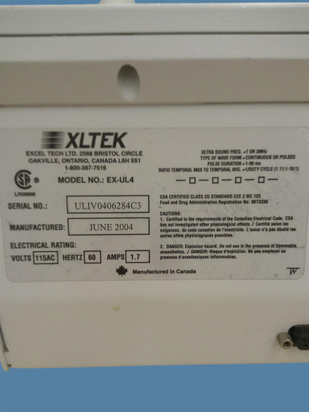XLTEK Ultra IV Ultrasound/Electrotherapy Unit (EX-UL4) w/ Applicator & Leads