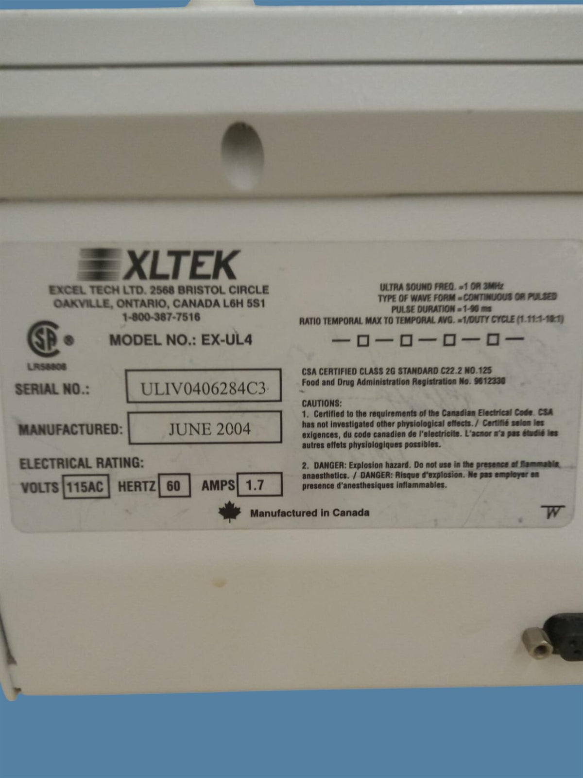 XLTEK Ultra IV Ultrasound/Electrotherapy Unit (EX-UL4) w/ Applicator & Leads