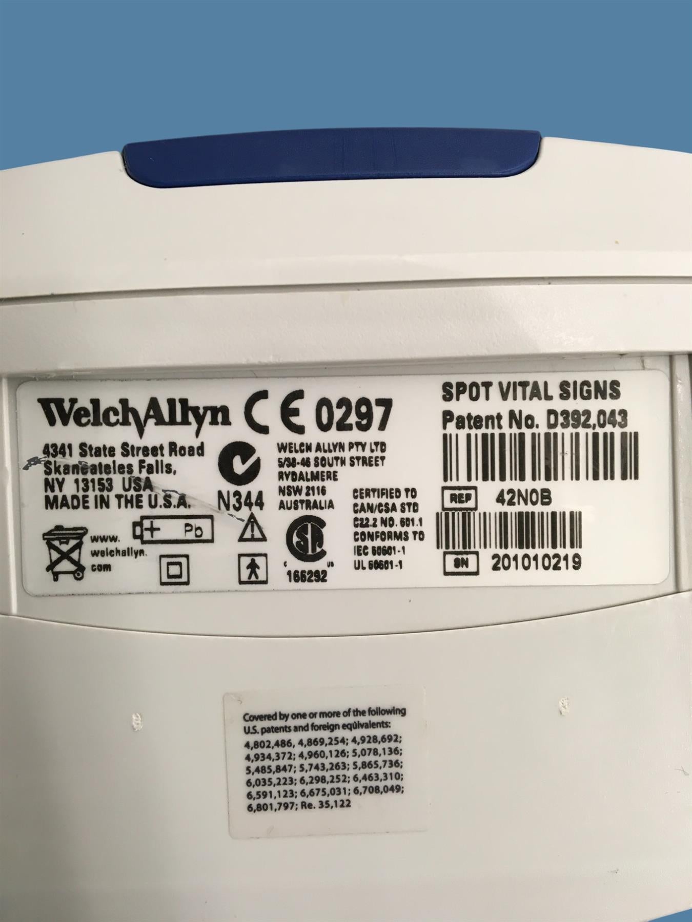 Welch Allyn Spot Vital Signs 42N0B Patient Monitor w/ Cart & Power Supply