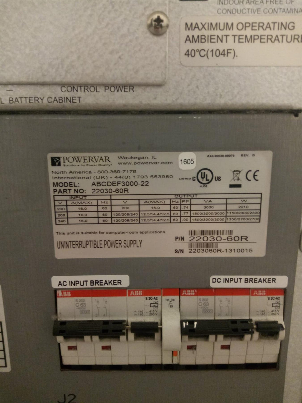 Powervar ABCDEF3000-22 Uninterruptible Power Supply Unit 22030-60R