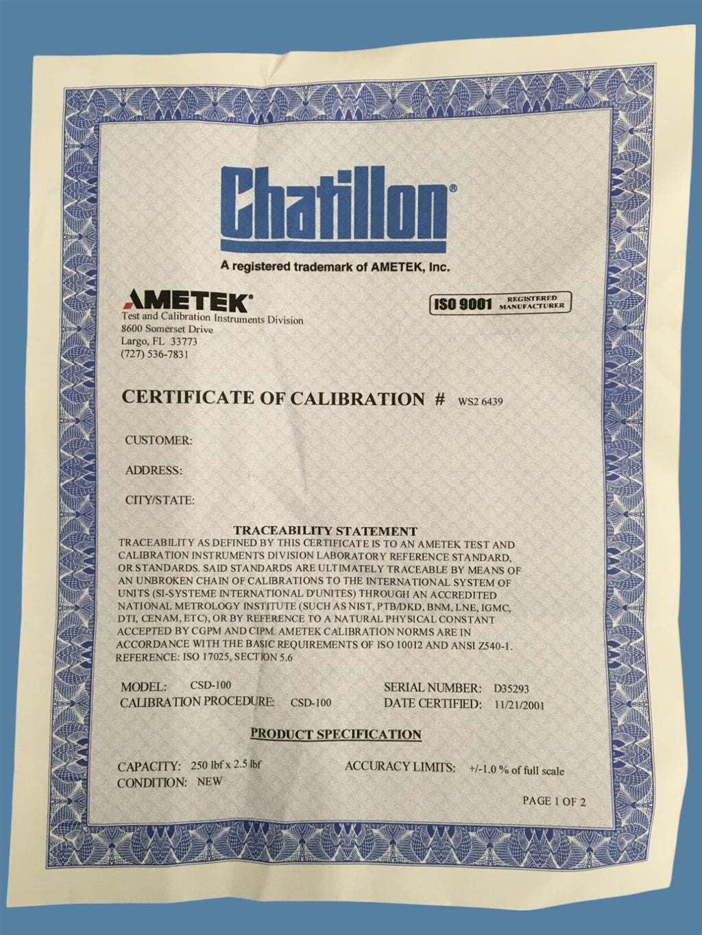Chatillon CSD100 Analog Force Dynamometer w/ Case (Partial)