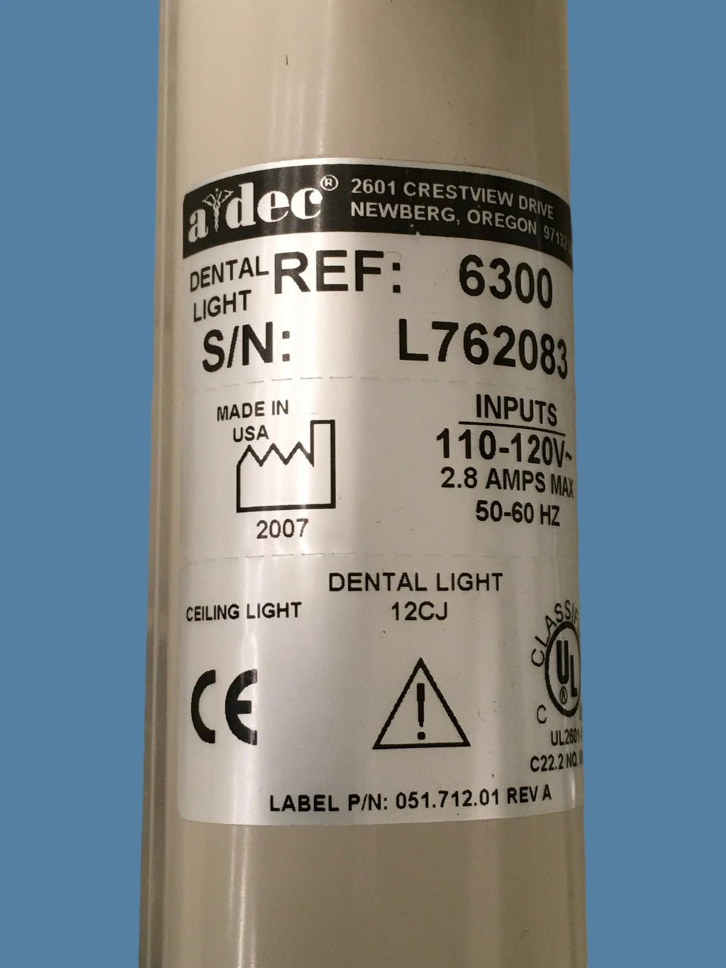 A-dec 6300 Ceiling Mount Dental Operatory Light Complete Arm Assembly 12CJ