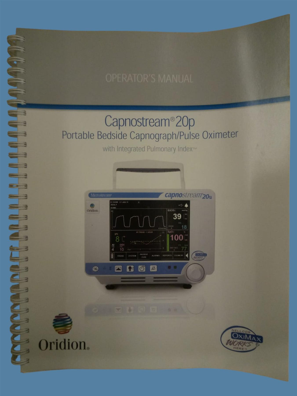 Oridion Capnostream 20p Capnograph/Pulse Oximeter w/ Cables/Cuff + Stand