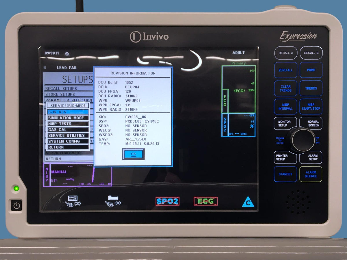 Invivo Expression MRI System 865214 w/ Cart, PSU, ECG Module (2 Batt) & BP Cuffs