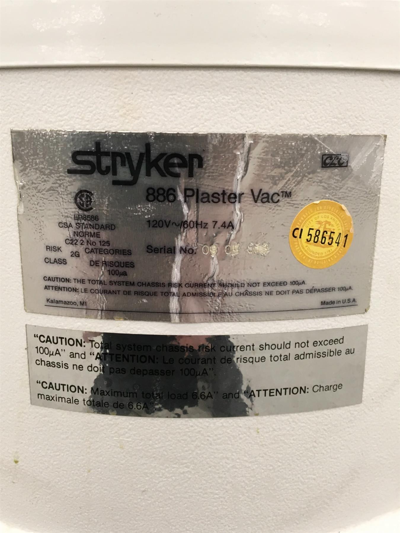 Stryker 886 Plaster Vacuum w/ Stryker 840 Cast Cutter & #83 Cast Spreader