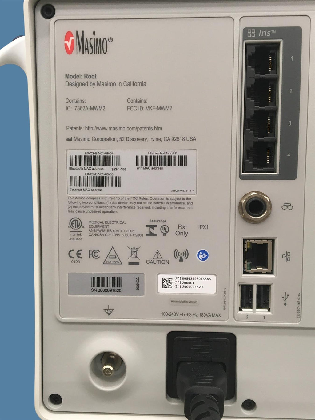 Masimo ROOT Patient Monitor w/ Radical-7 Oximeter & Radius PPG w/ Cart, Cables