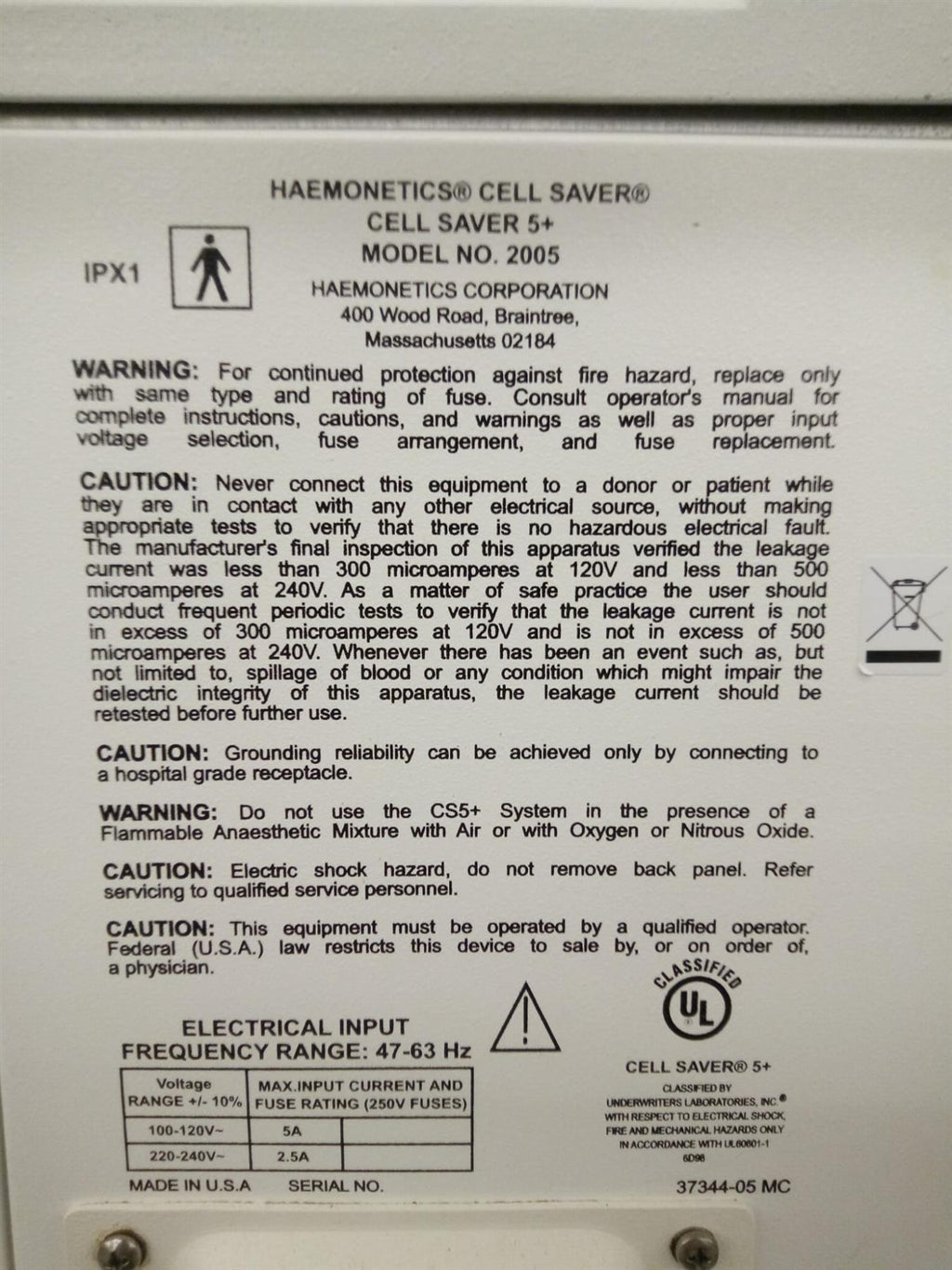 Haemonetics Cell Saver 5+ Model 2005 Autologous Blood Recovery System