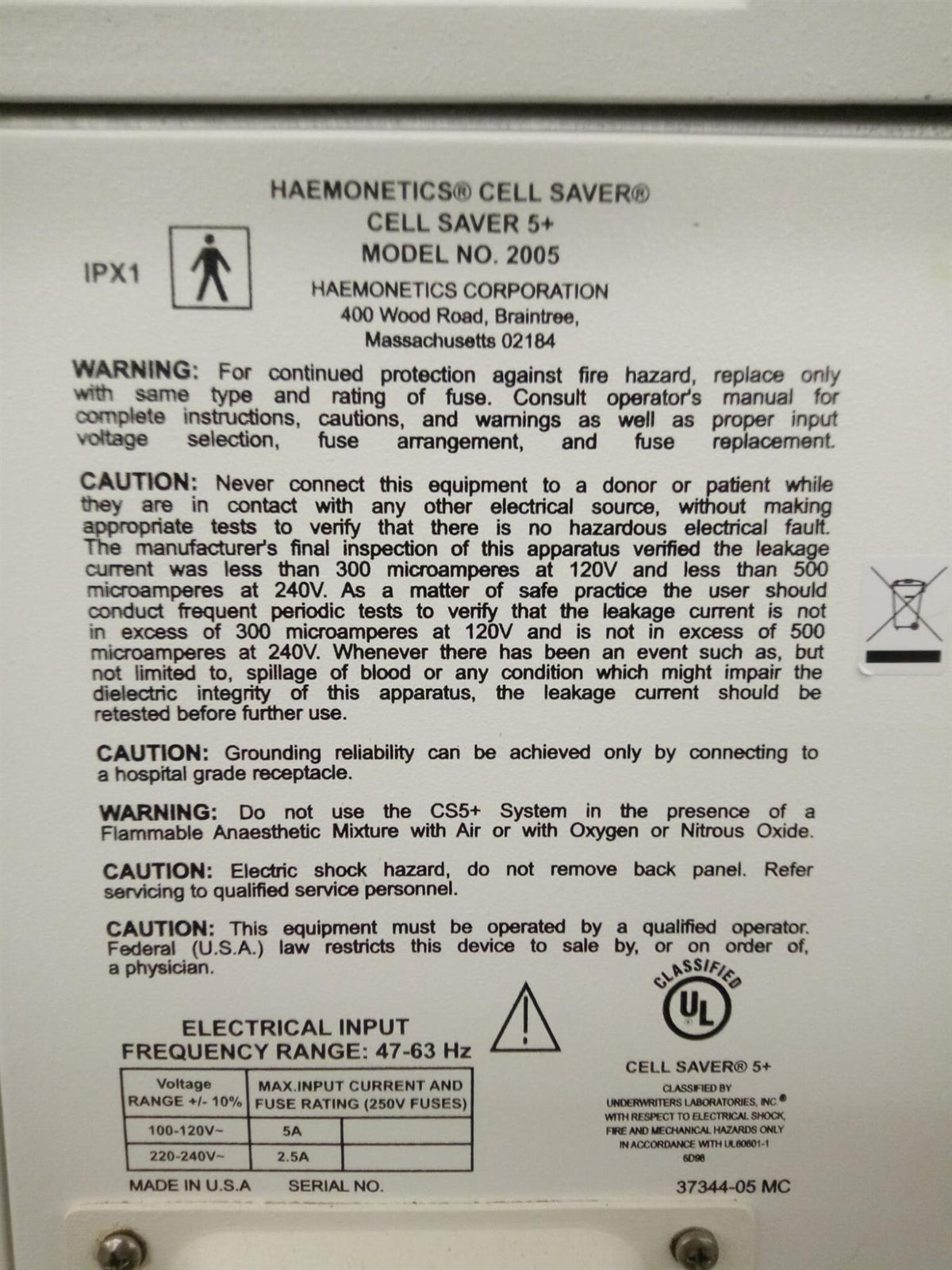Haemonetics Cell Saver 5+ Model 2005 Autologous Blood Recovery System
