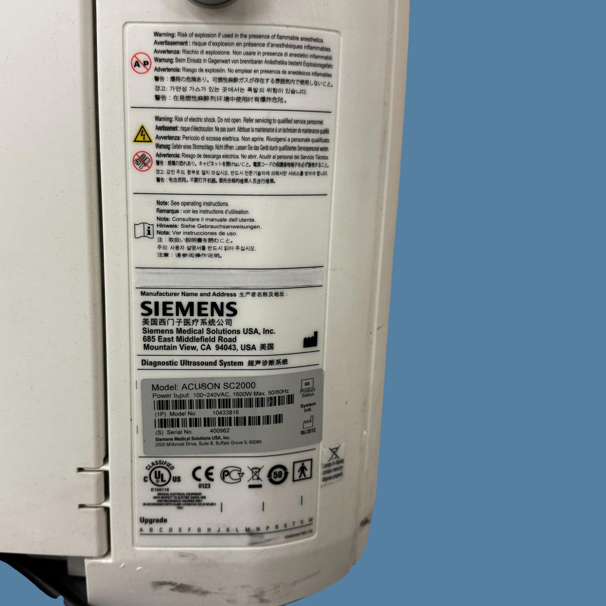 2012 Siemens Acuson SC2000 Diagnostic Ultrasound System 10433816