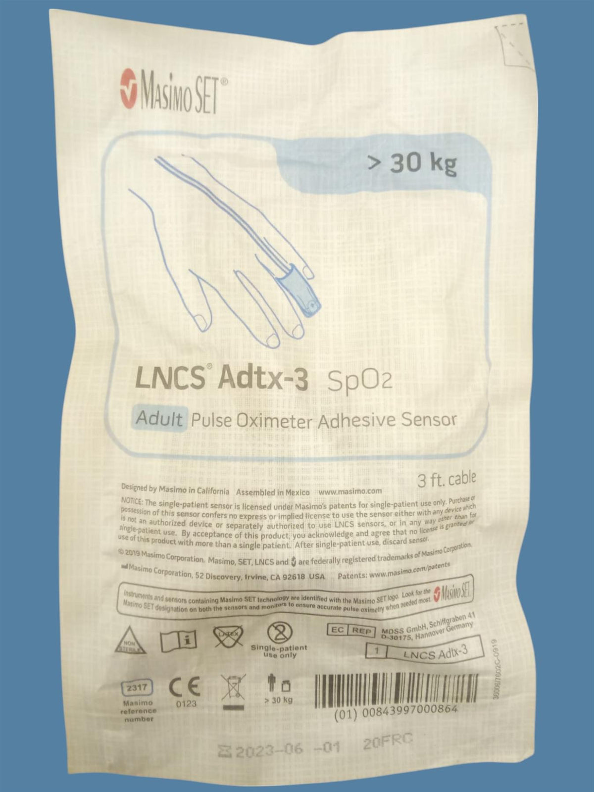 Masimo LNCS Adtx-3 SpO2 Adult Pulse Oximeter Adhesive Sensor, 3ft (expired)