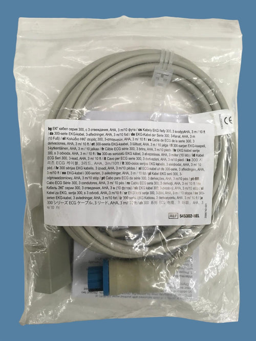 (New) GE Vyaire 545302-HEL 300-Series ECG Care Cable, 3-Lead, AHA, 3m/10ft