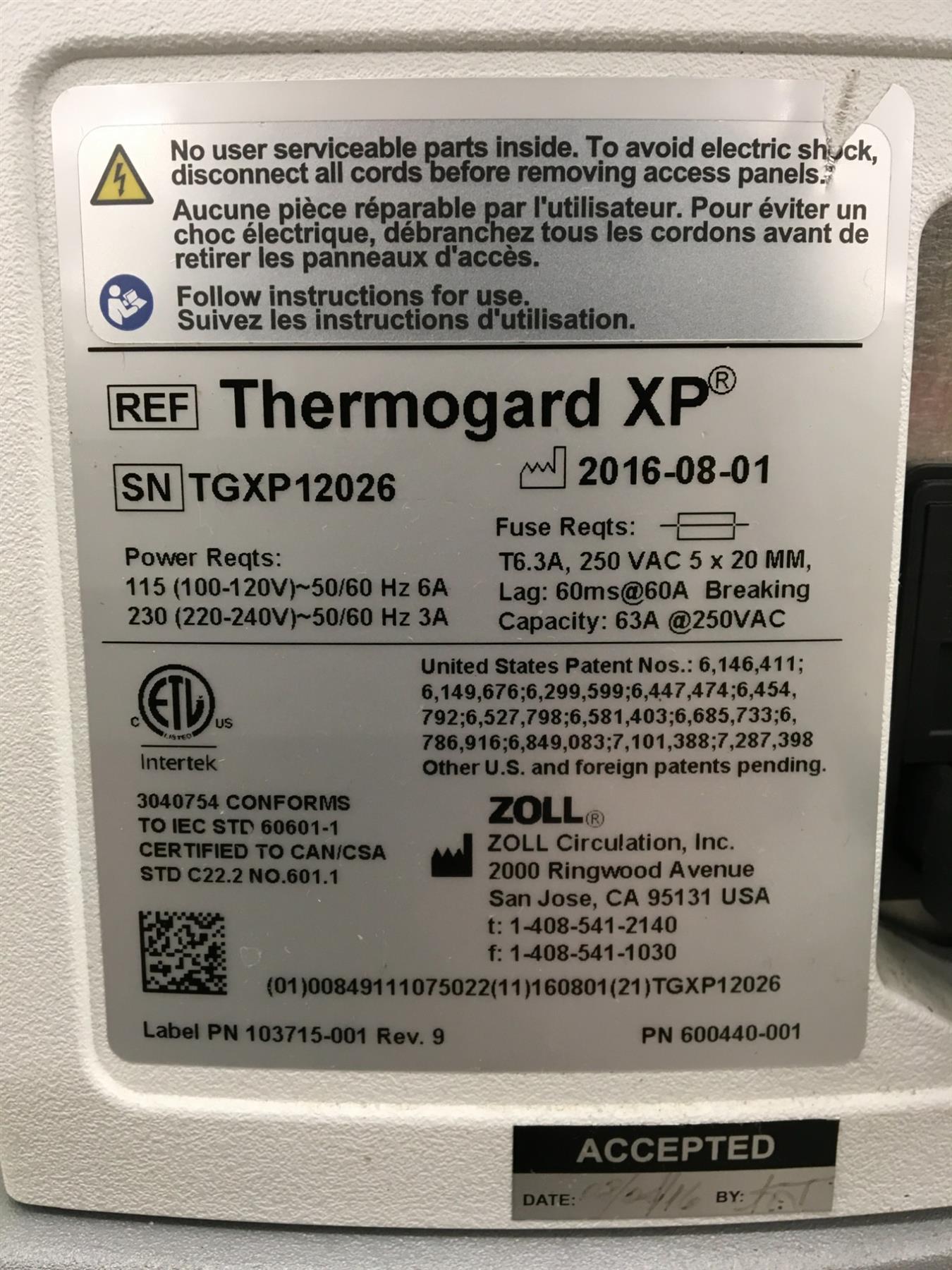 Zoll Thermogard XP Temperature Management System (2016)